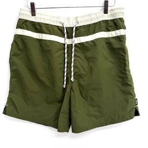 Vintage J. Crew Swim Trunks Mens M Olive Green Cream Striped Mesh Lined Nylon